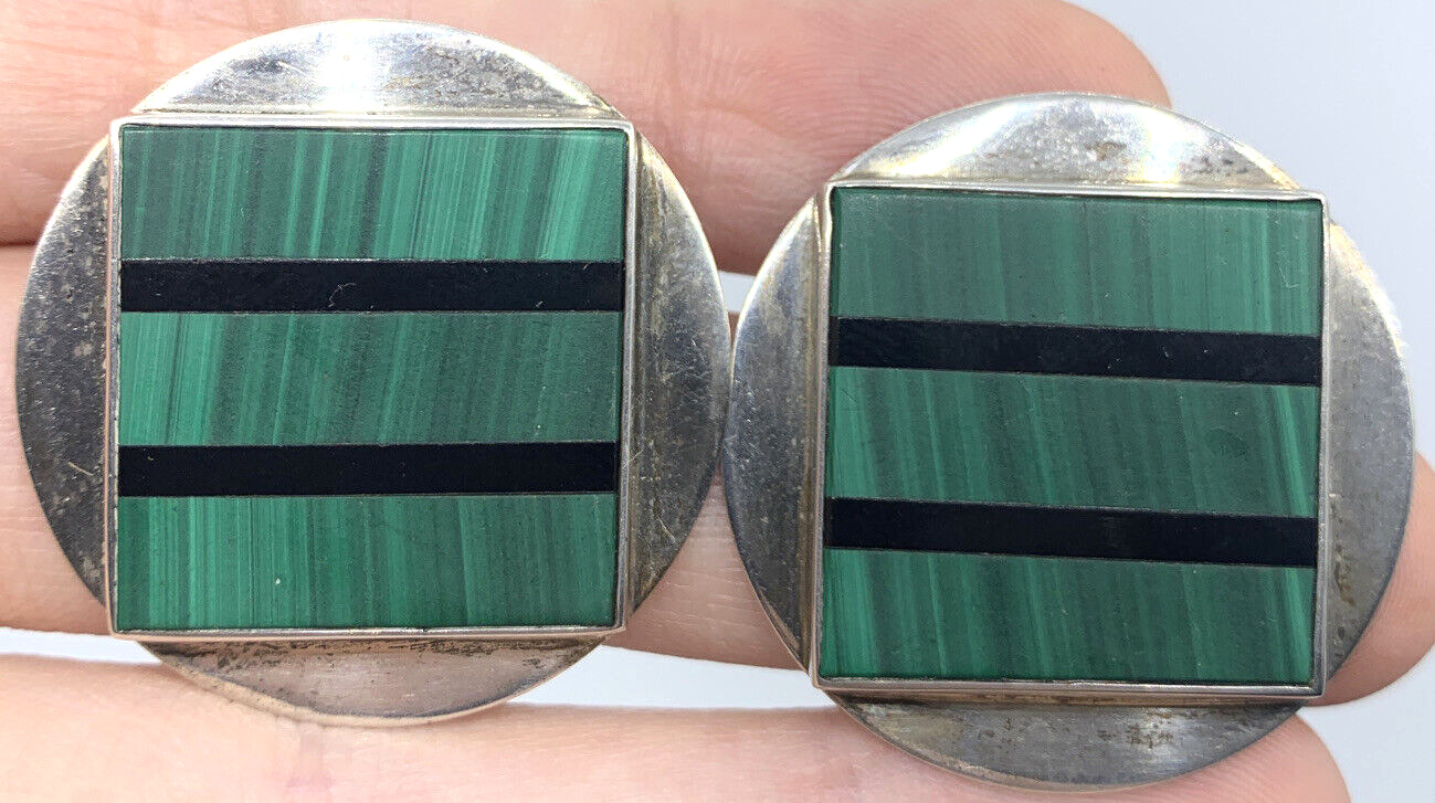 Large GFMW Sterling Silver Malachite & Onyx Earri… - image 1