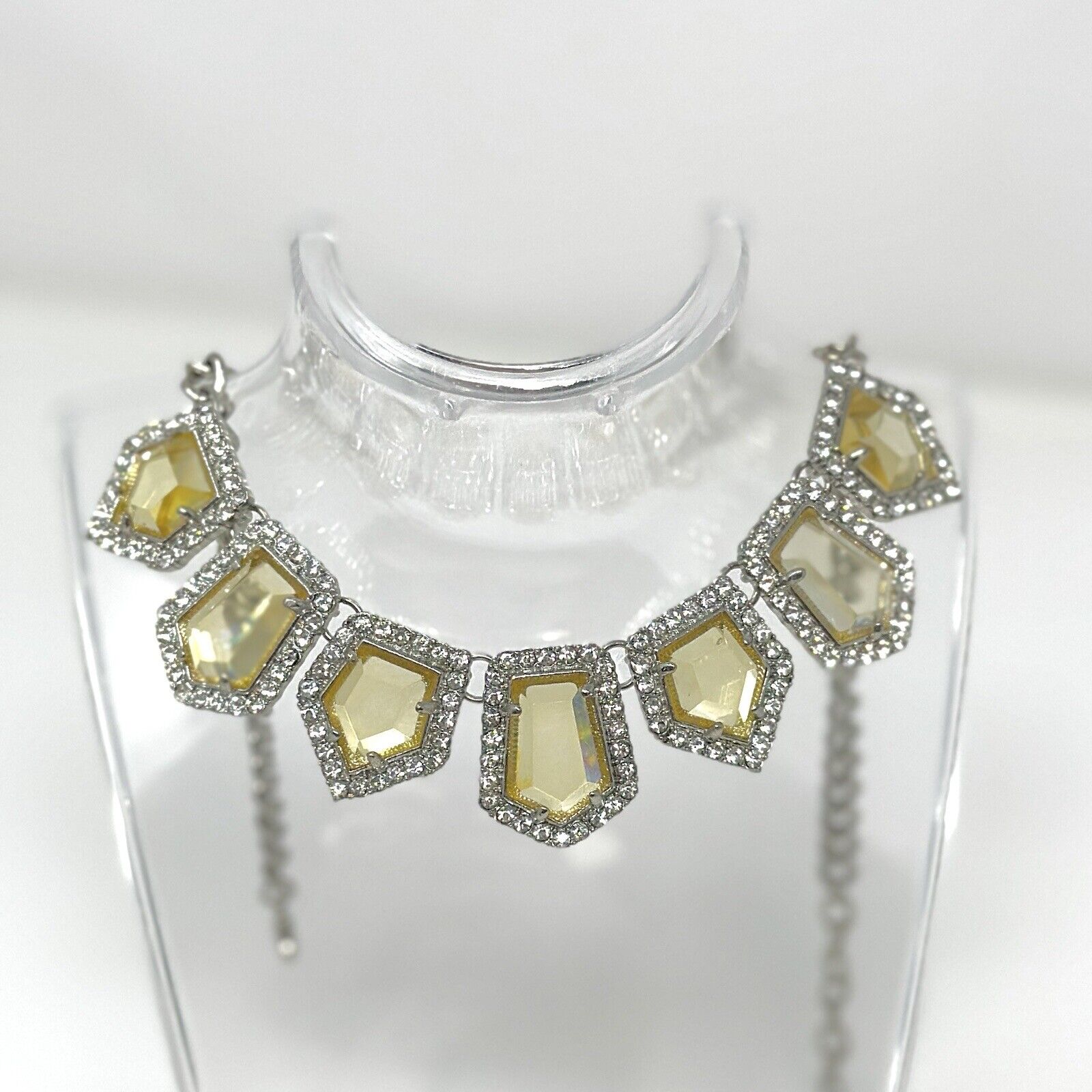 Vintage Silver Color Yellow Rhinestone Necklace - image 1