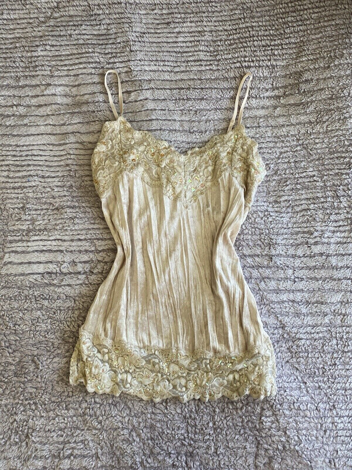 Rave Vintage Beige Velvet Sequin Tank Top Size M … - image 3