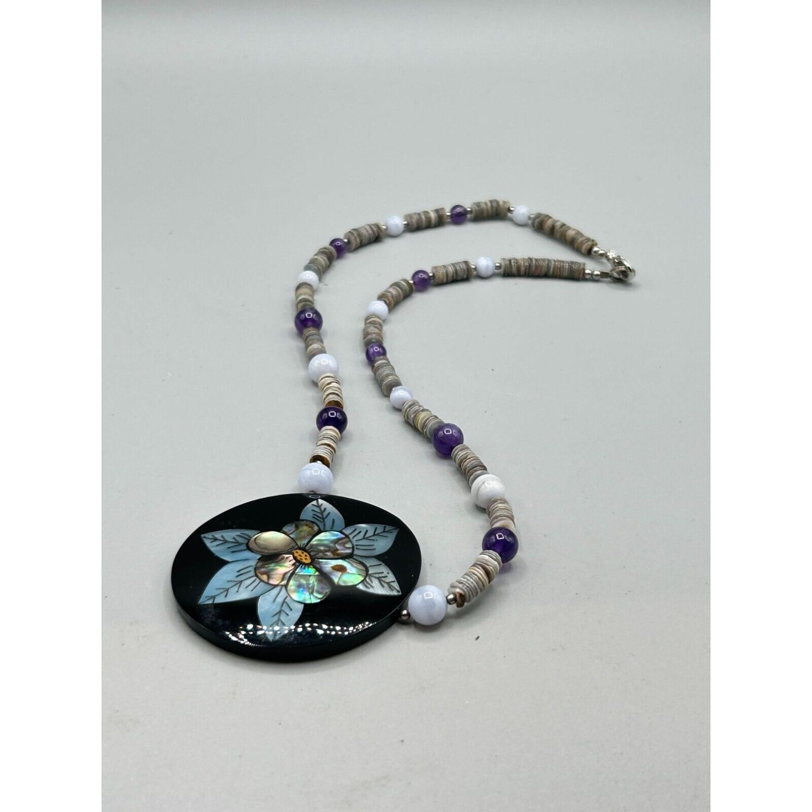 Vintage Flower Necklace Shell Inlay and Semi Prec… - image 9