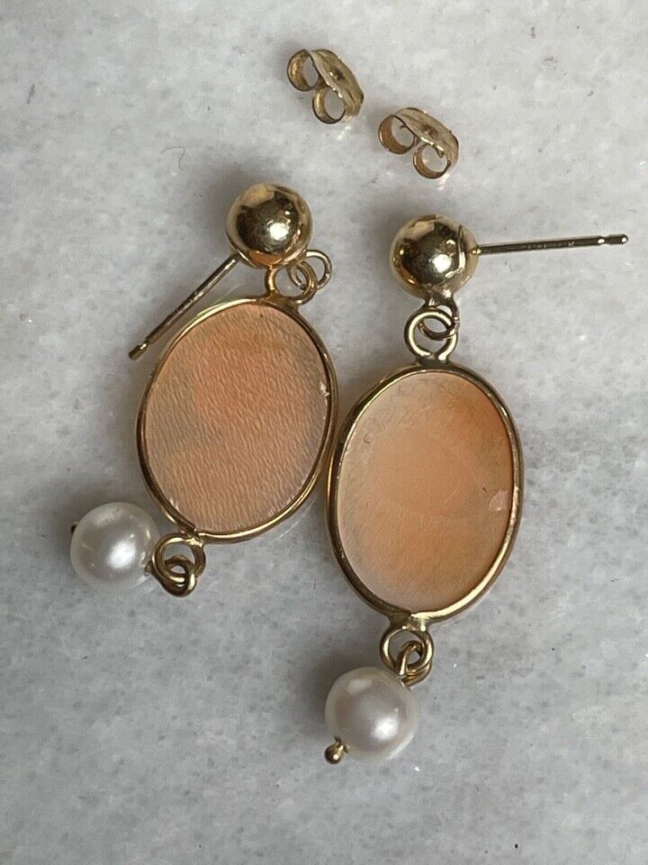 ELEGANT 14K YELLOW GOLD & PEARLS CAMEO EARRINGS - image 5