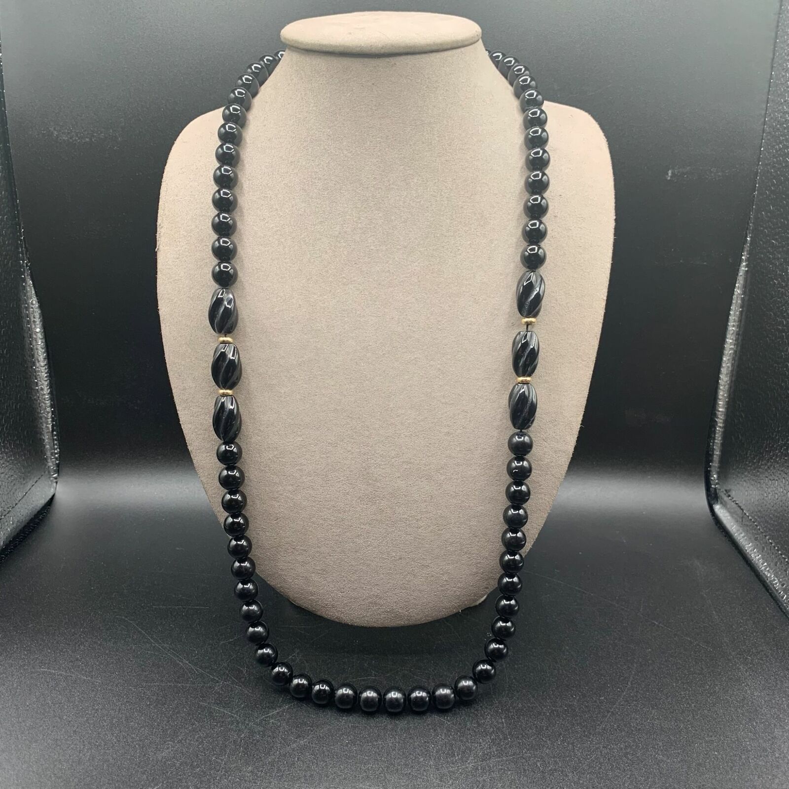 Black Onyx Necklace Beaded Long Strand 14K Gold S… - image 2