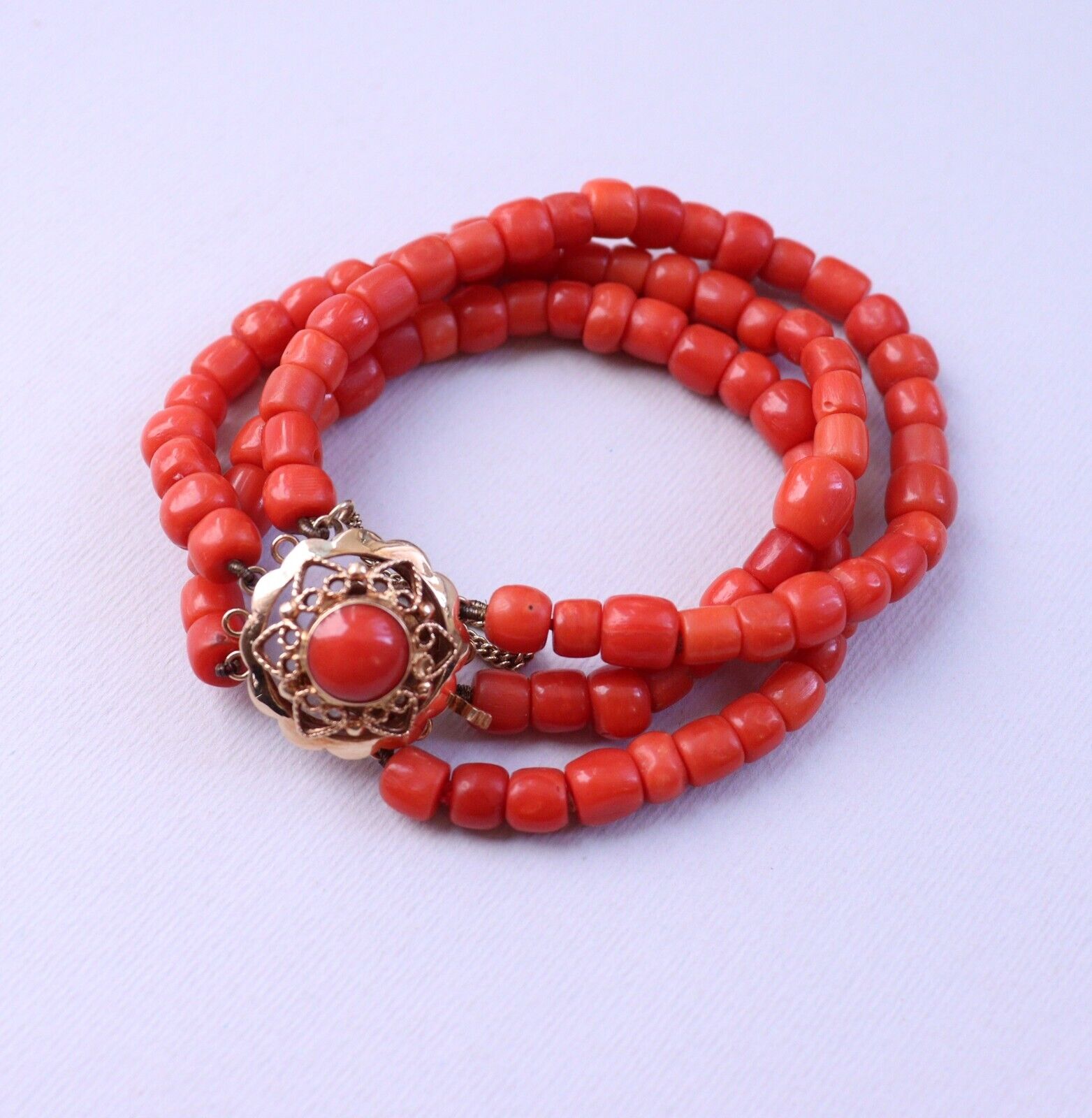 Vintage 3 Row Red Coral Bracelet Dutch Clasp 14k … - image 4