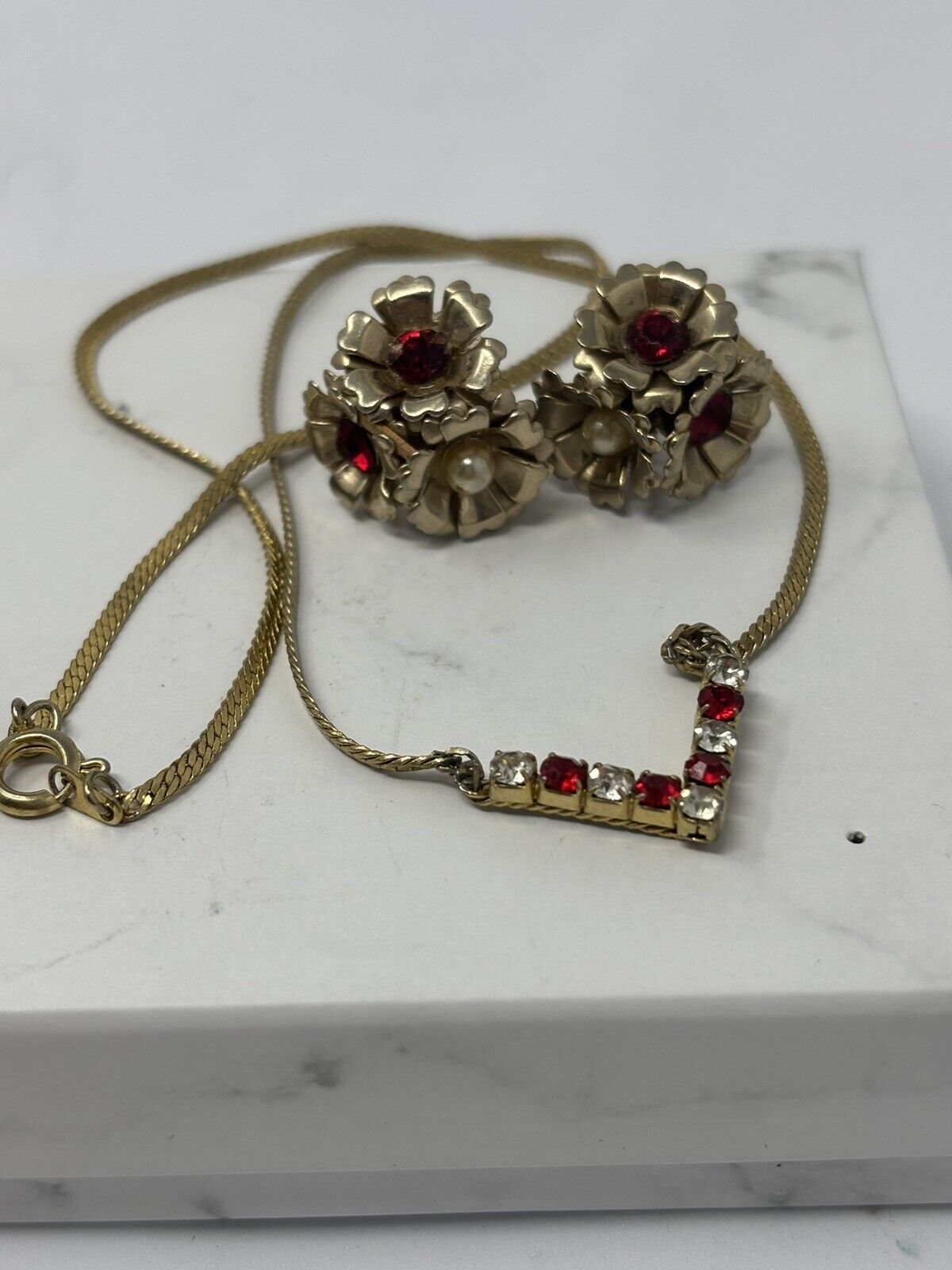 Vintage gold tone rhinestone burgundy red and cle… - image 2