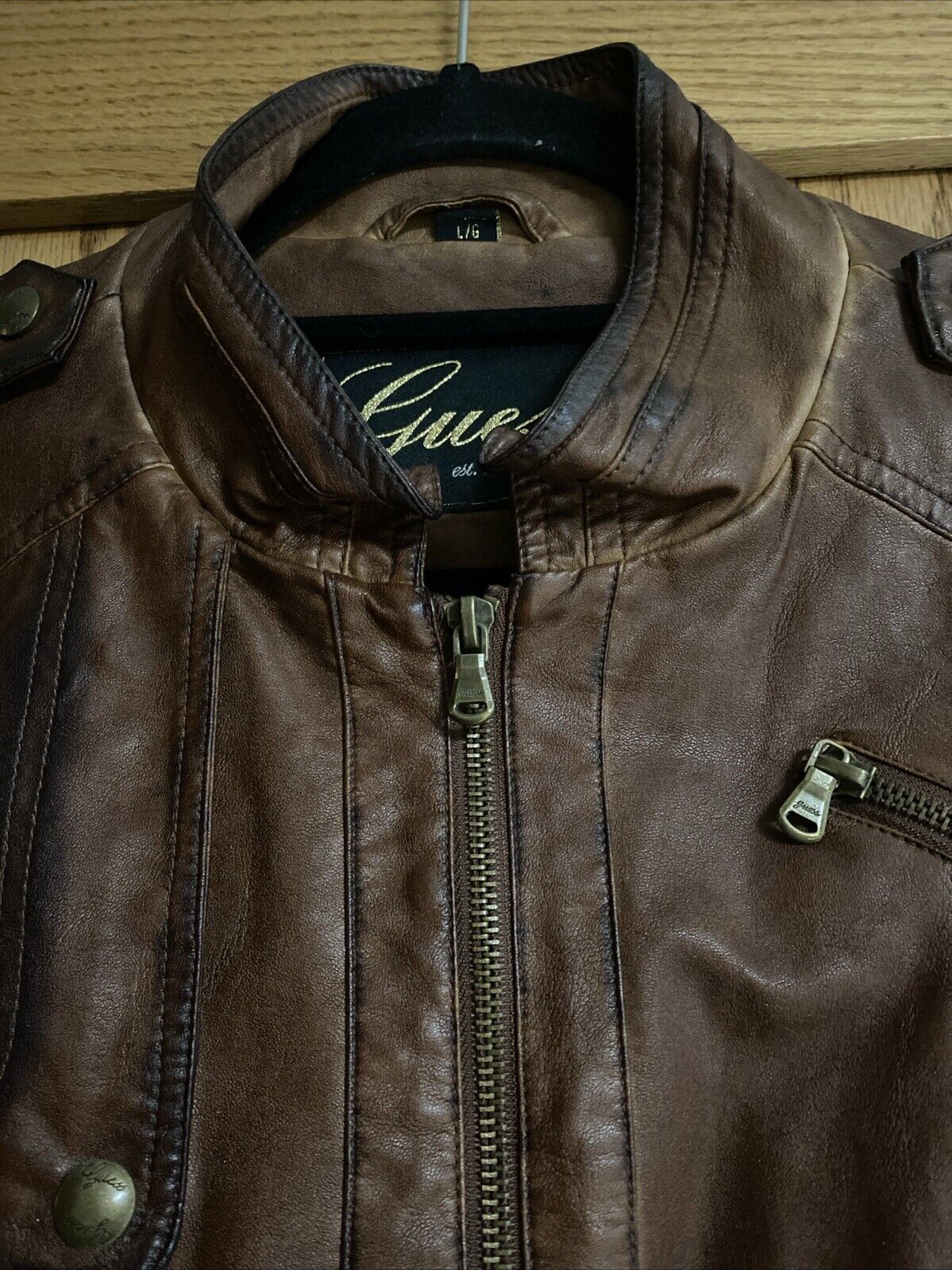 Guess faux leather camel cognac brown moto jacket… - image 2