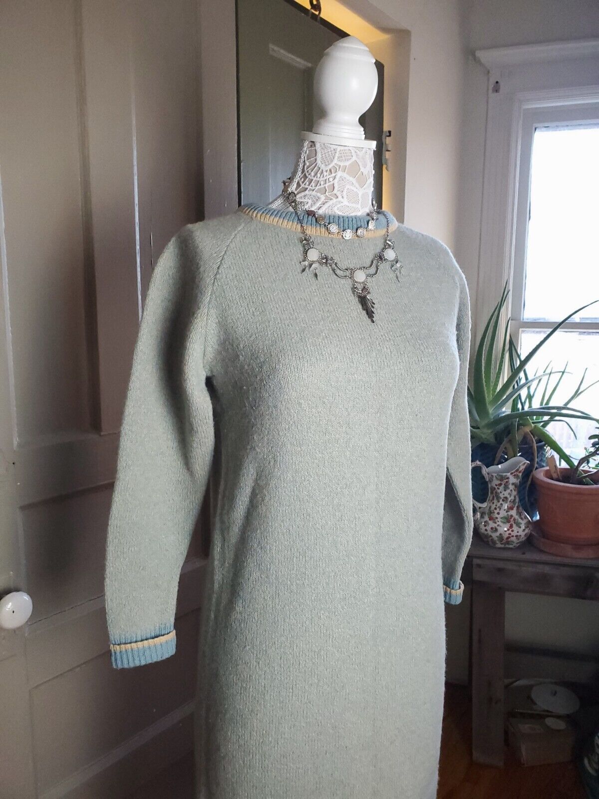 Sears Vintage 70s Shetland Wool Blue Green Knit S… - image 2