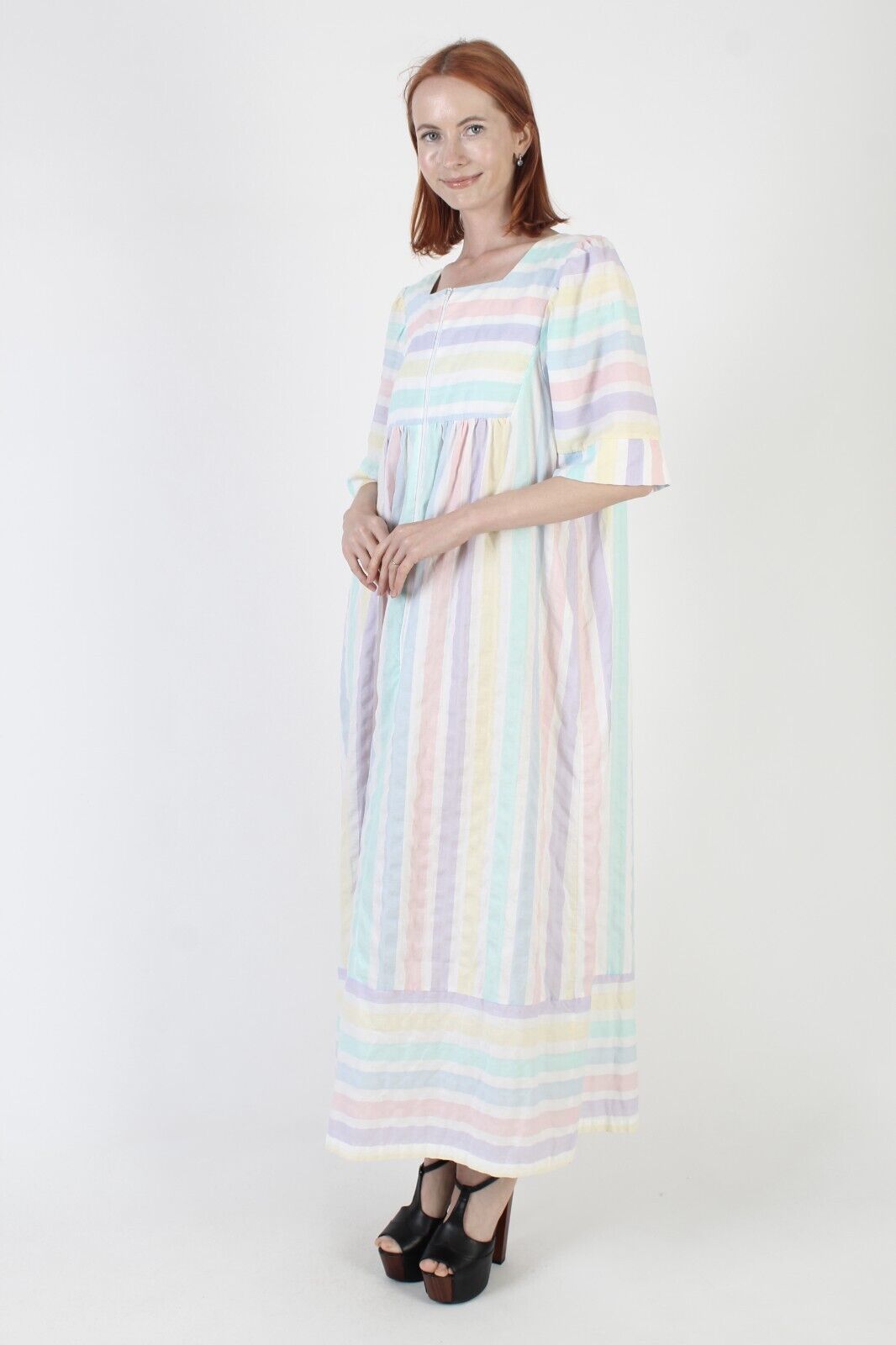 Vtg Zip Up Lounge Bell Slv Caftan Rainbow Pastel … - image 5