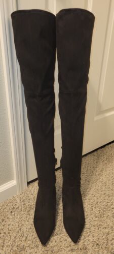 ALDO FAUX SUEDE THIGH BOOTS 6.5 BLACK KITTEN HEEL 