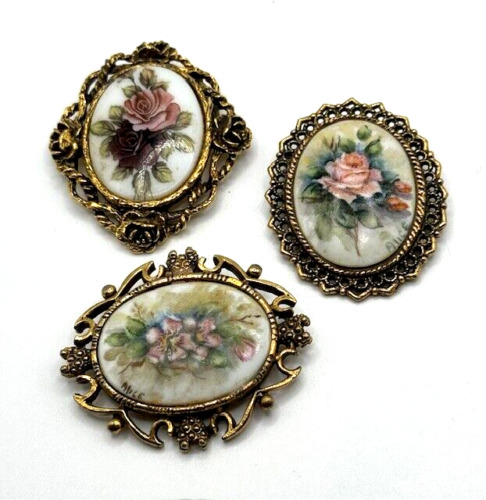 Set of THREE Vintage Painted Floral Brooches sign… - image 1