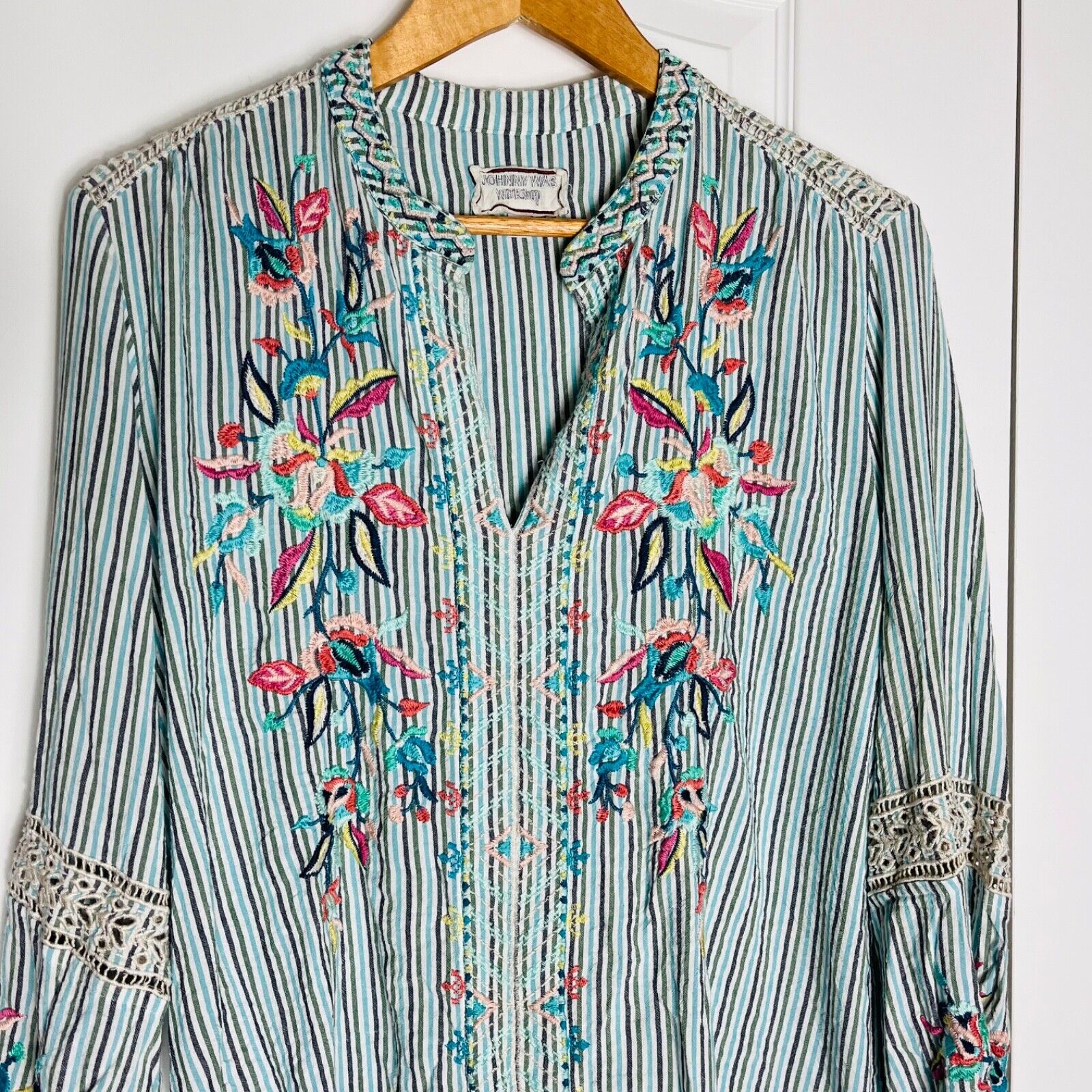 Johnny Was Striped Embroidered Floral Blouse Turq… - image 3