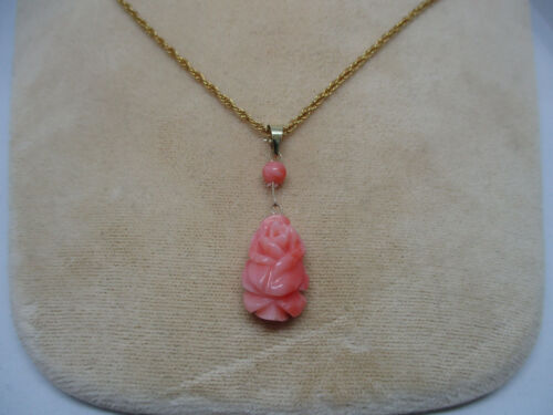 Vintage 14k Yellow Gold Genuine Pink Coral Carved… - image 1