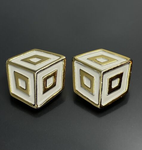 Vintage Lanvin Paris Gold Tone White Enamel 3D Squ