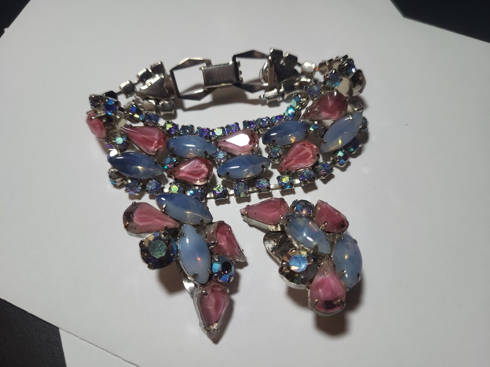 VINTAGE PASTEL PINK BLUE RHINESTONE BRACELET & CL… - image 5