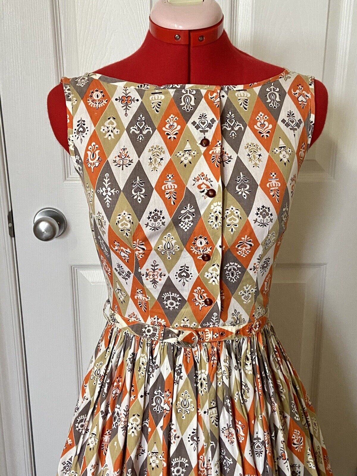 1950s Handmade Harlequin Print cotton dress orang… - image 2