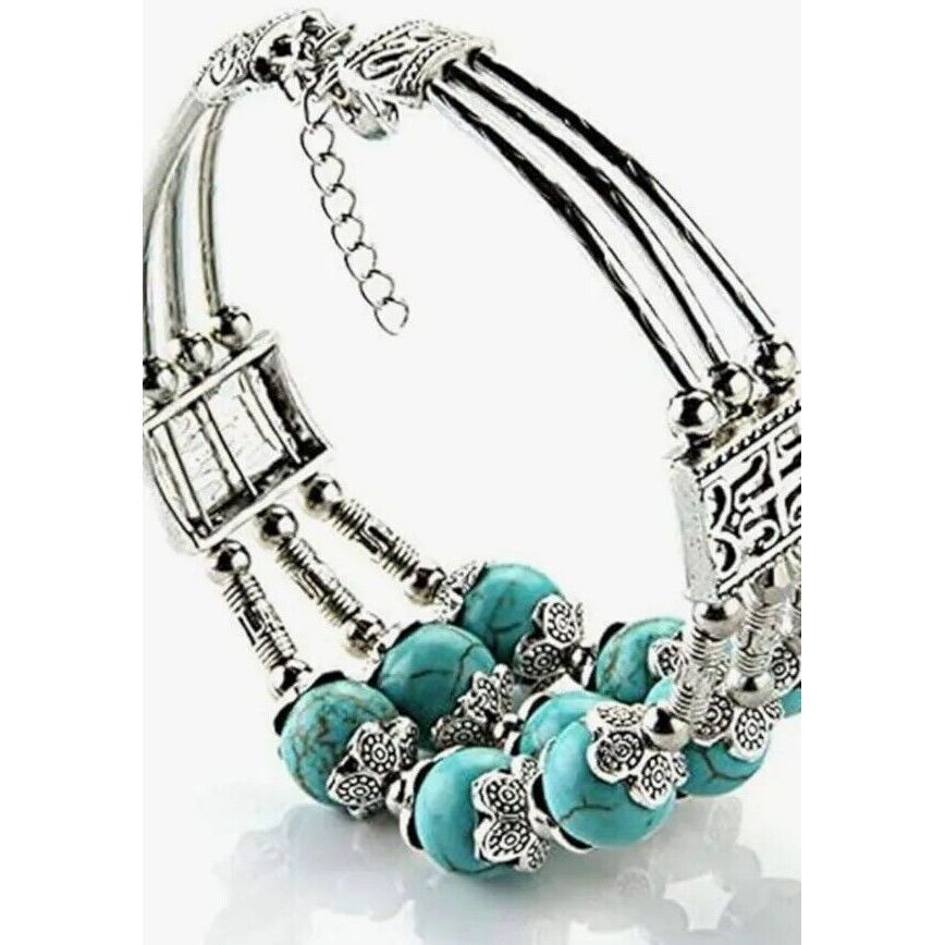 Women Turquoise Bead Bracelet 3-Ply Tibetan Silve… - image 3