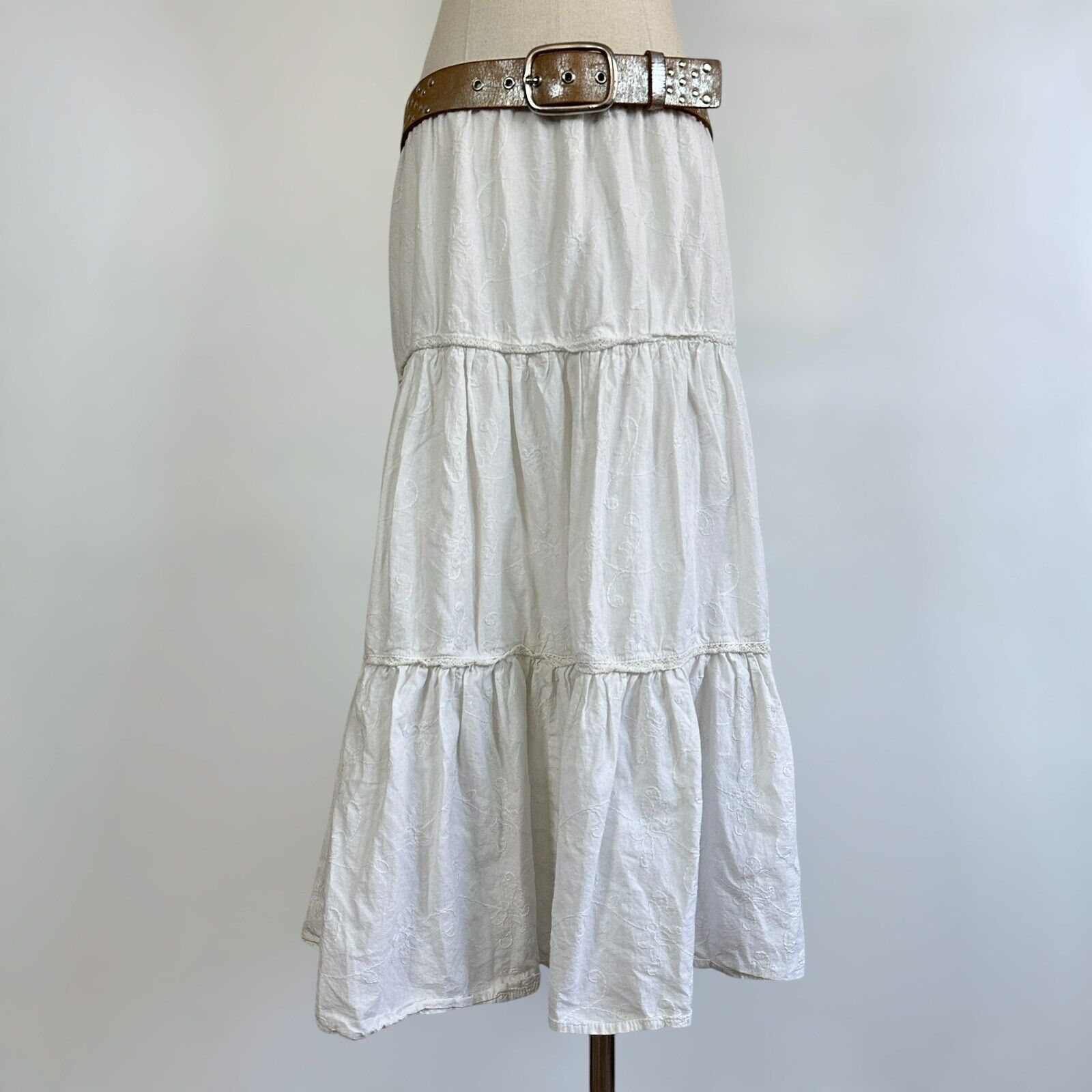 Vintage 90s Y2k White Tiered Maxi Skirt Boho Indi… - image 3