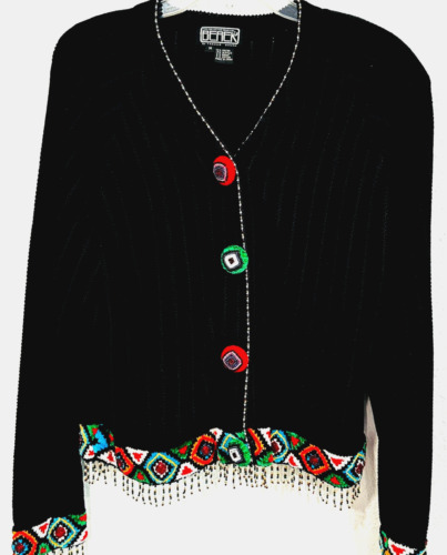 Vintage Berek Cardigan Sweater Beaded Fringe Blac… - image 1