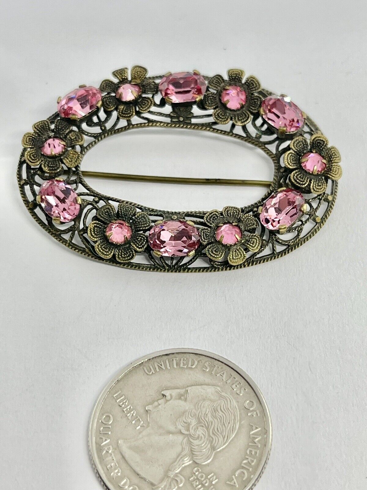 Antique Art Deco Oval Pink Czech Art Glass Floral… - image 1