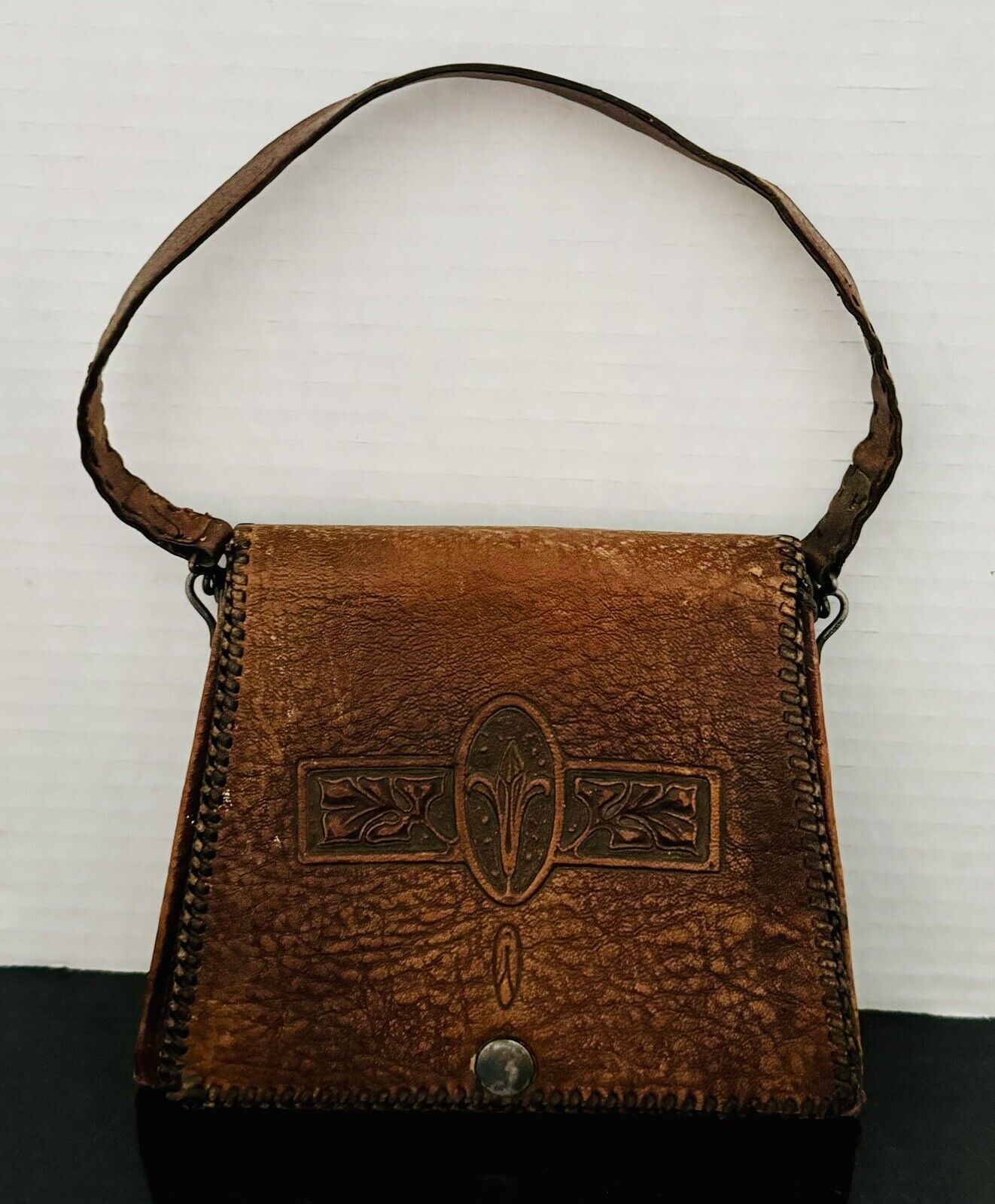 Antique 1920s Small Brown Leather Purse With Tool… - image 1