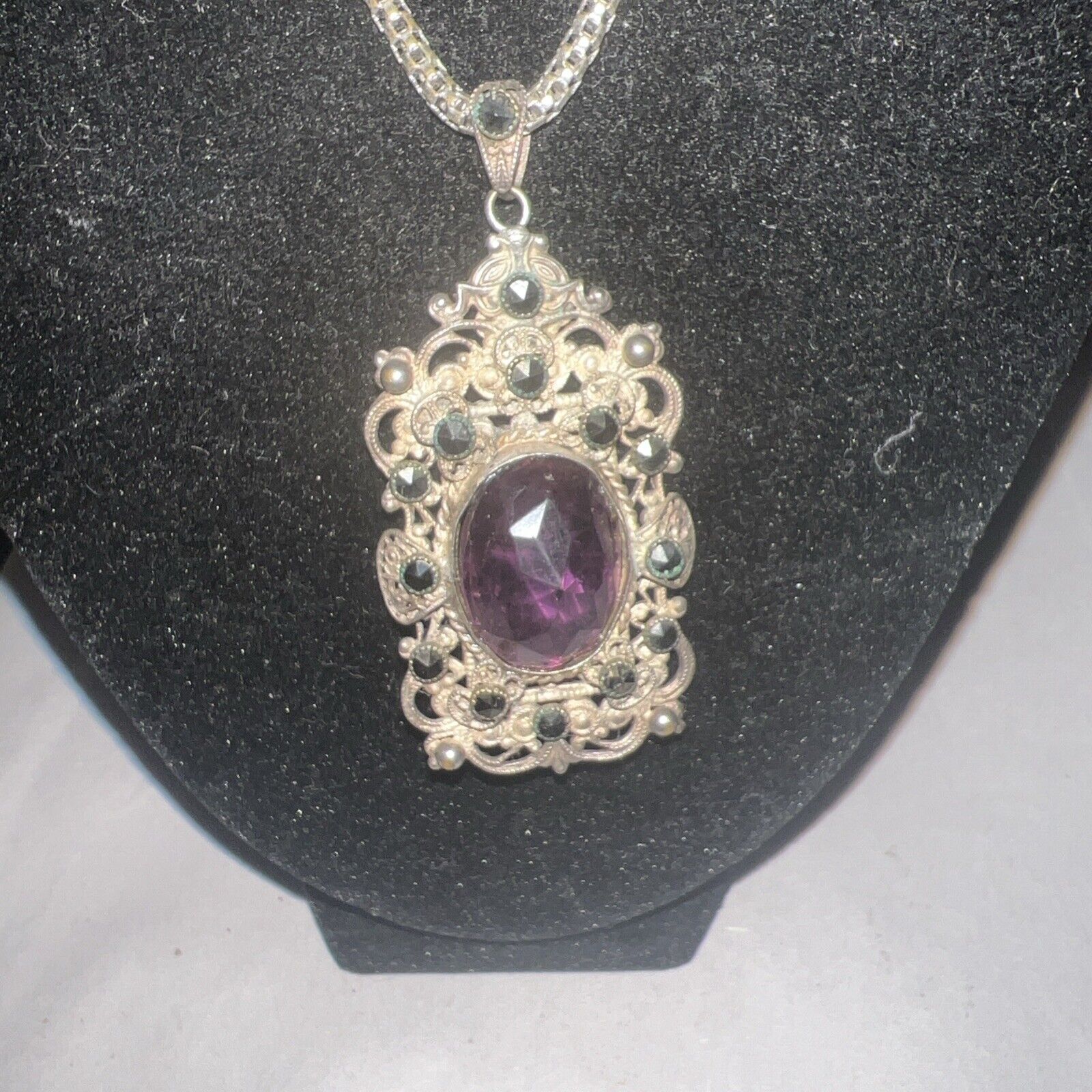 VTG Silver Amethyst Victorian Style Pendant Estat… - image 3