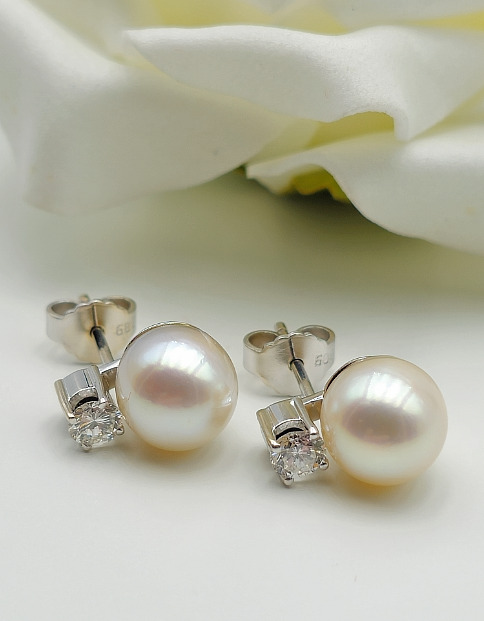 Pearl Brilliant Stud Earrings - 585 White Gold - … - image 8