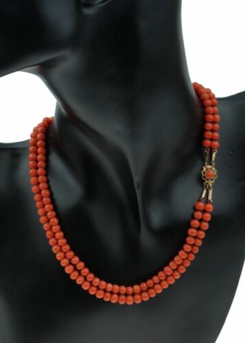 BEAUTIFUL ANTIQUE 2-STRAND RED CORAL NECKLACE WITH