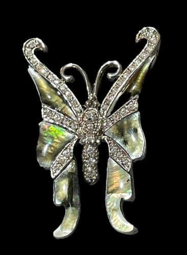 Abalone Butterfly Rhinestone Brooch 2” Green Pink… - image 1