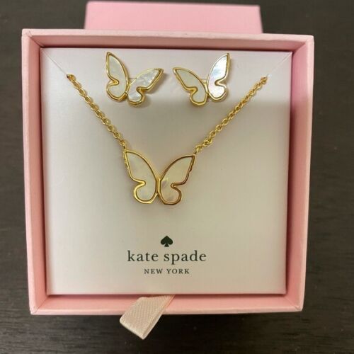 Kate Spade Mother of Pearl Butterfly Jewelry SET Yellow Gold Necklace &  Earrings | eBay