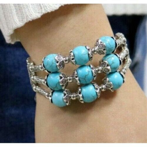 Women Turquoise Bead Bracelet 3-Ply Tibetan Silve… - image 1