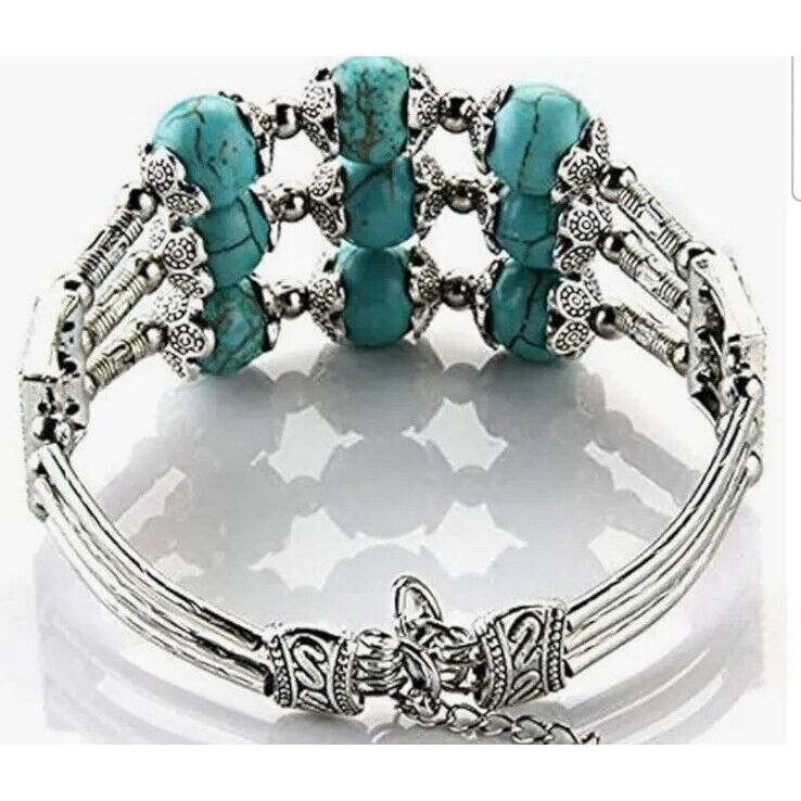 Women Turquoise Bead Bracelet 3-Ply Tibetan Silve… - image 2