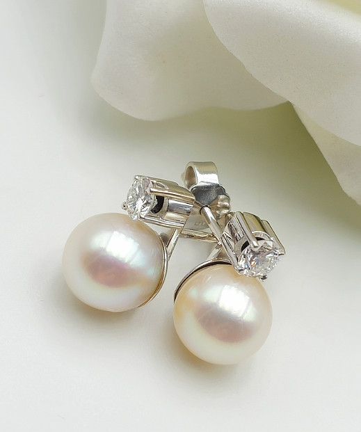 Pearl Brilliant Stud Earrings - 585 White Gold - … - image 5