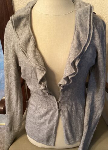 Womens 100% Cashmere Gray Ruffled Button Cardigan 