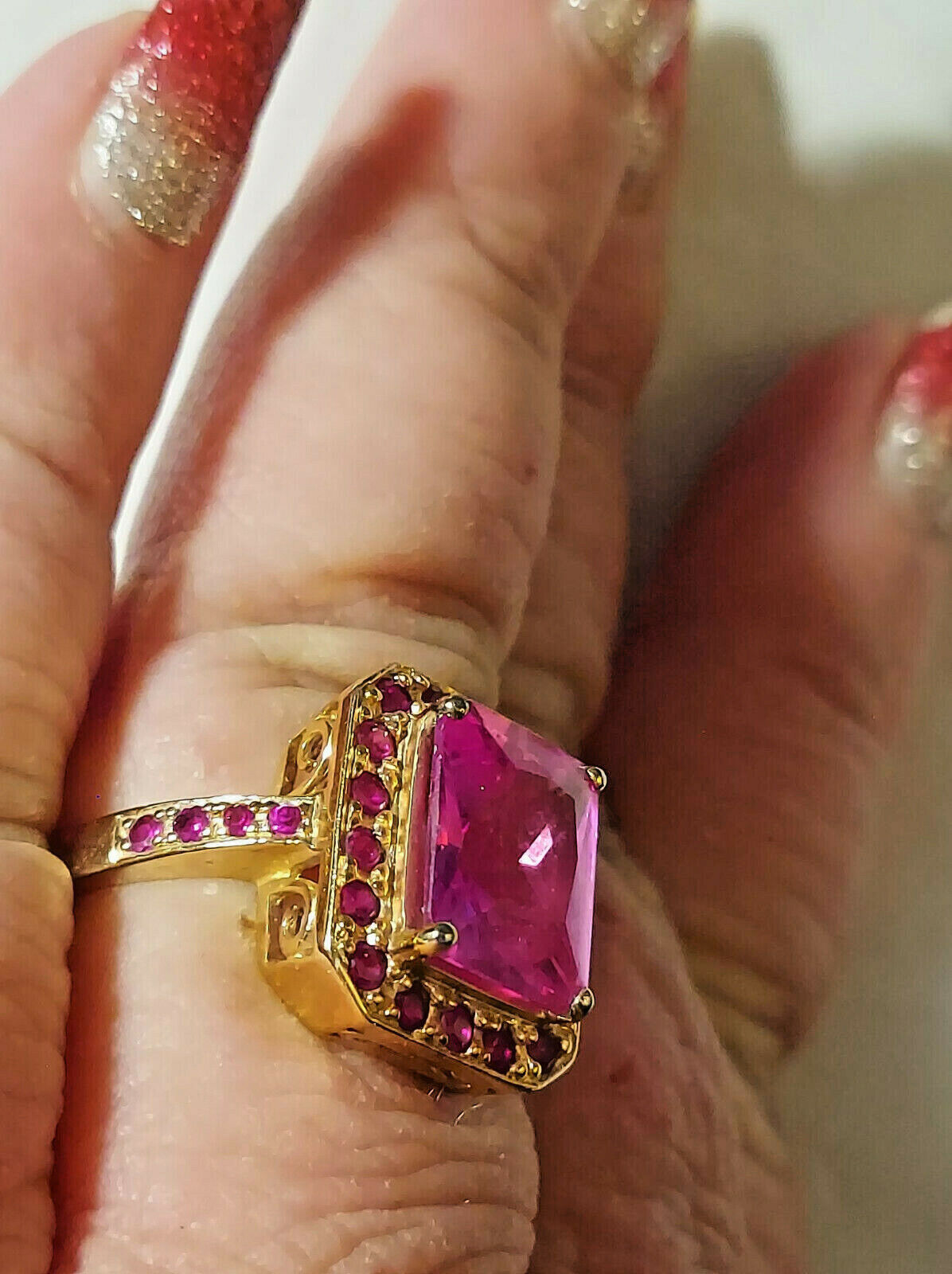 SZ 10* HSN  PINK SAPPHIRE CZ HALO RING EMERALD CU… - image 2