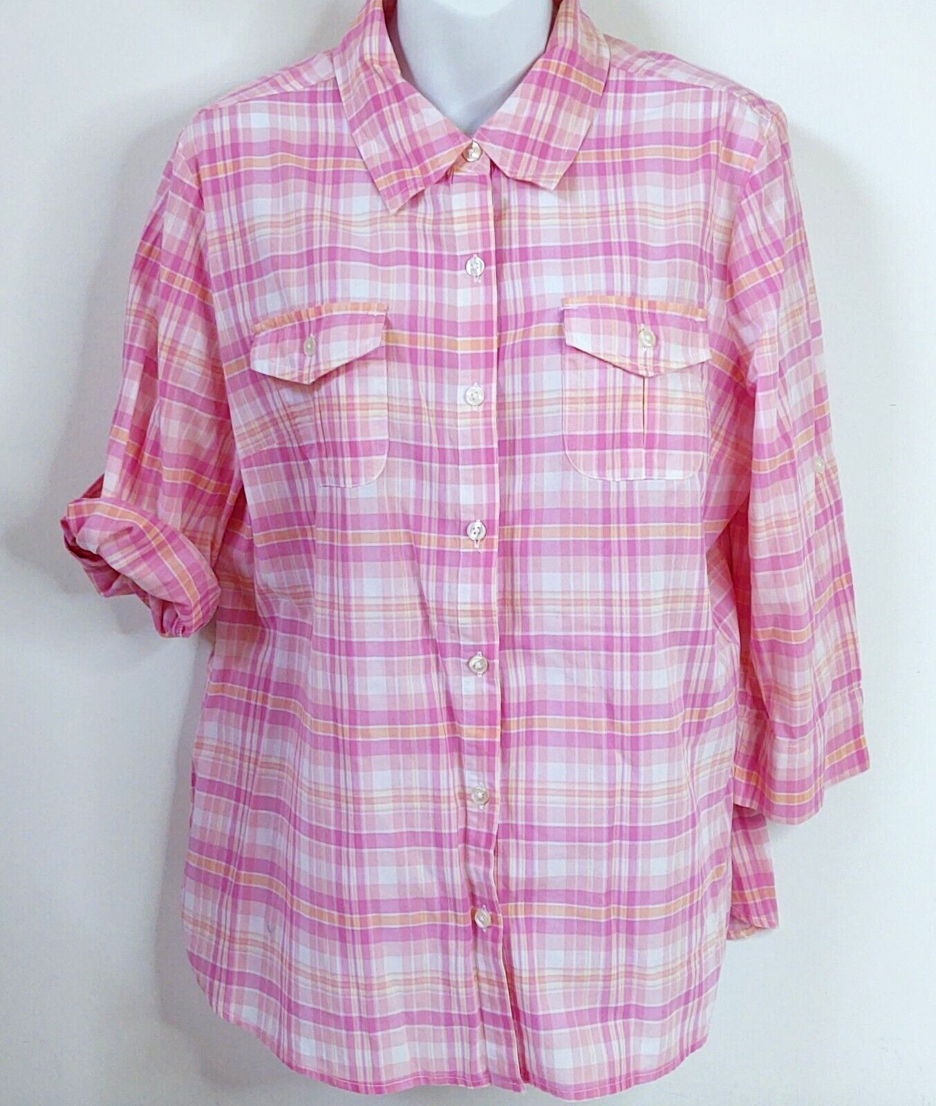 WOMANS PINK PLAID BUTTON DOWN BLOUSE - image 1