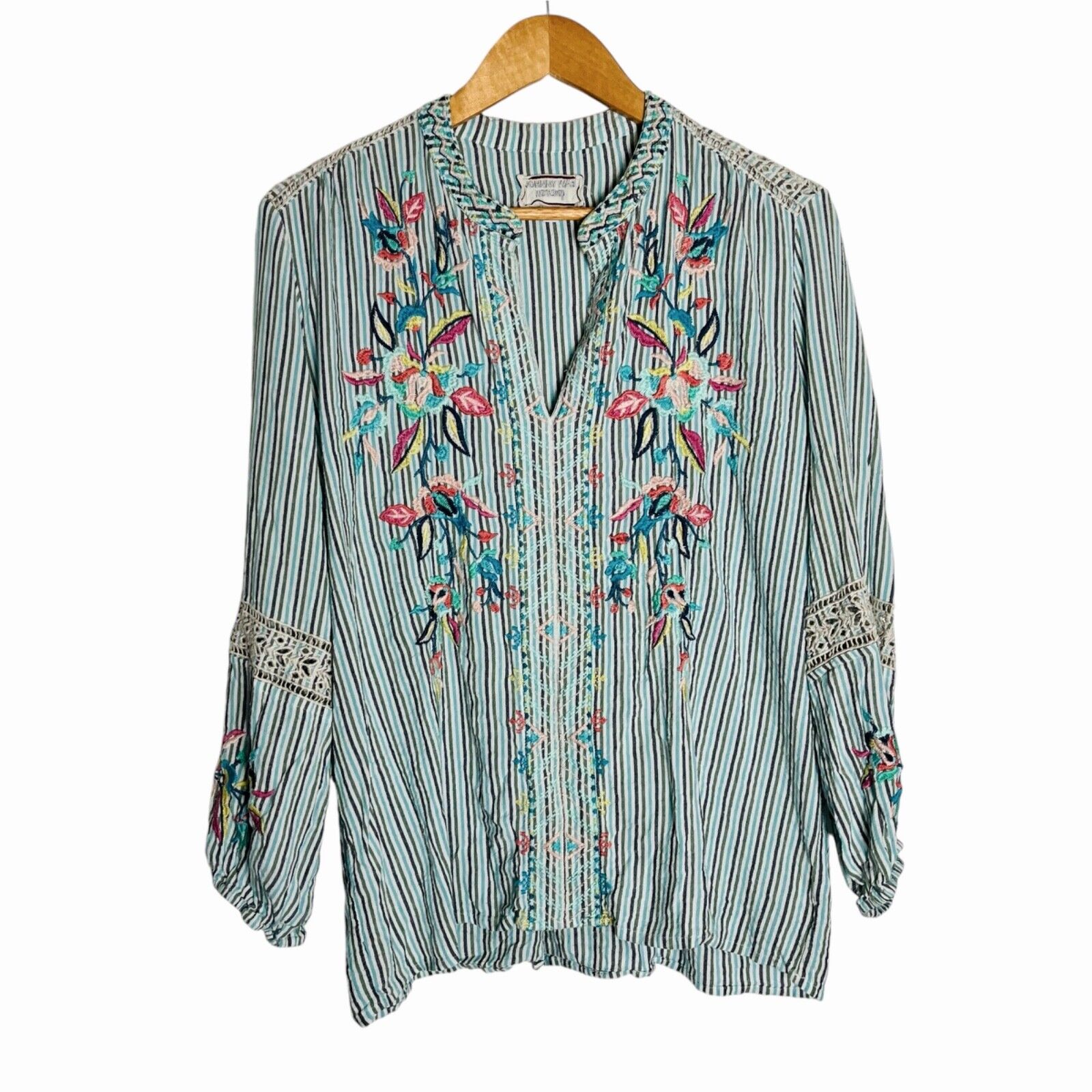 Johnny Was Striped Embroidered Floral Blouse Turq… - image 1