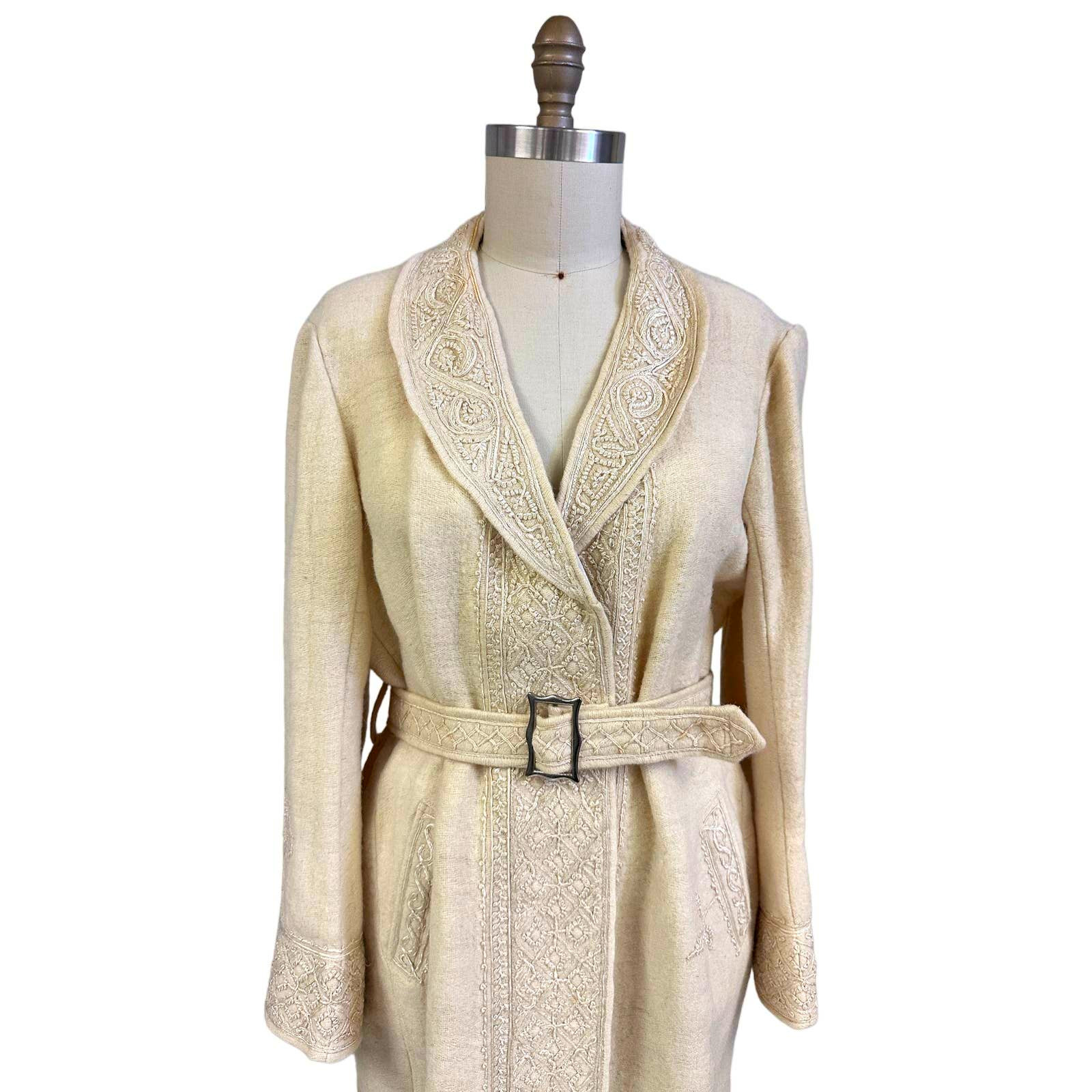 Antique Handwoven Wool Coat Edwardian Cream Embro… - image 2