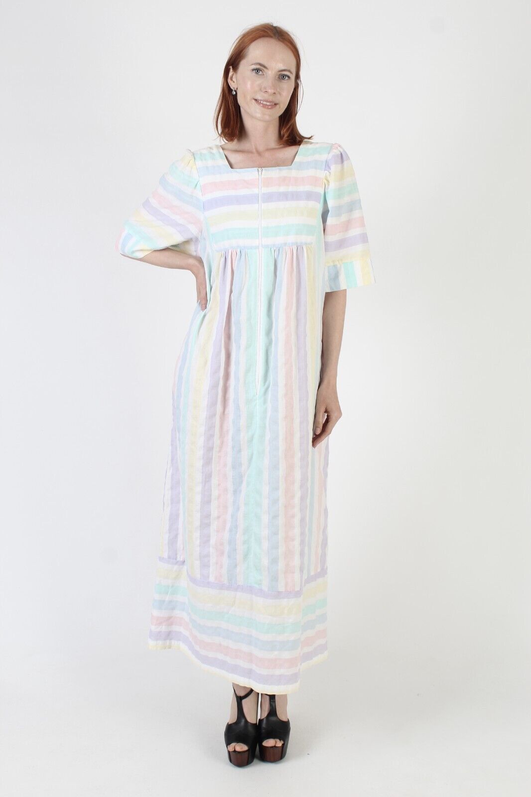 Vtg Zip Up Lounge Bell Slv Caftan Rainbow Pastel … - image 4