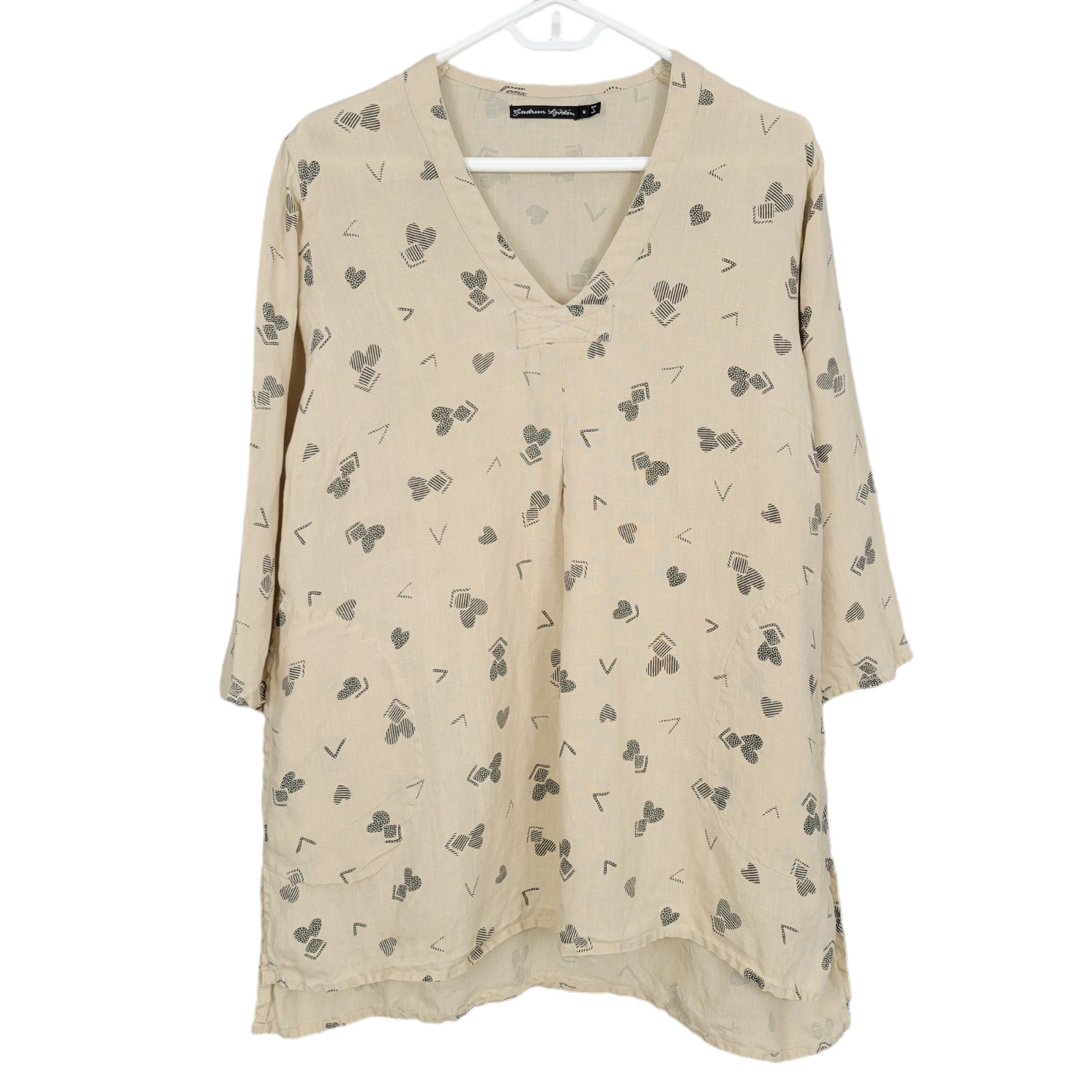 GUDRUN SJODEN Top M Beige Heart Print Linen 3/4 S… - image 6