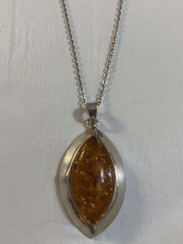 Sterling Silver 925 Necklace & Big Amber Pendant