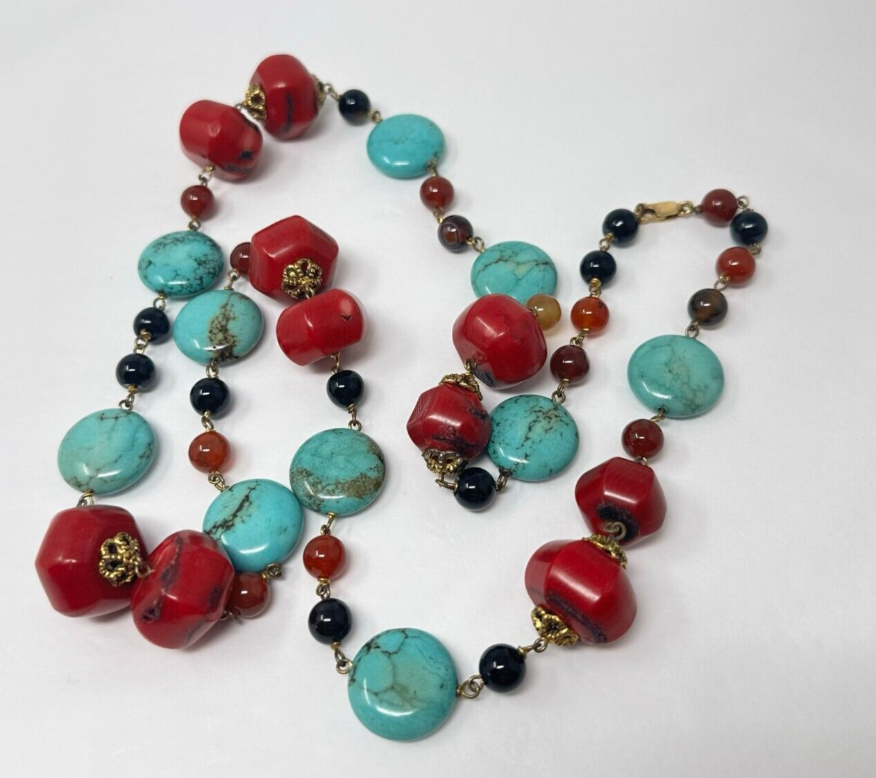 Vintage 14k Gold-Filled Blue Turquoise Red Coral … - image 1