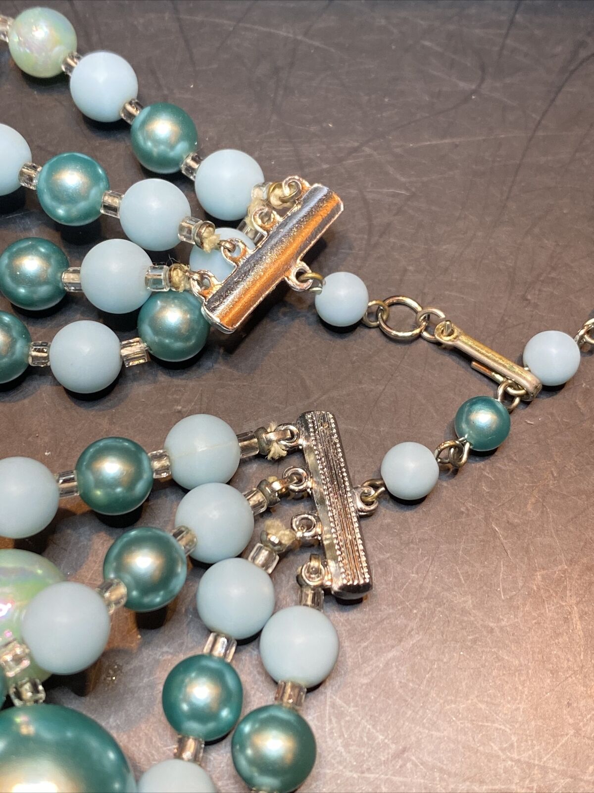 Vintage Faux pearl four strand necklace aqua Turq… - image 9