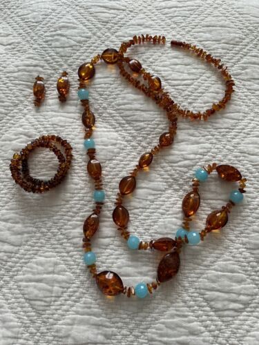 SET VINTAGE ROOT BEER AMBER BEAD MOONGLOW STONE N… - image 1