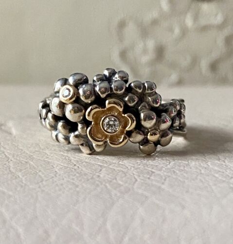 Genuine Pandora Silver & 14k 14ct Gold Diamond Fl… - image 1