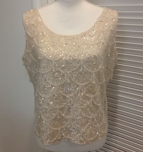 Vtg 1960's Sequined Beaded Ivory Sleeveless Party… - image 1