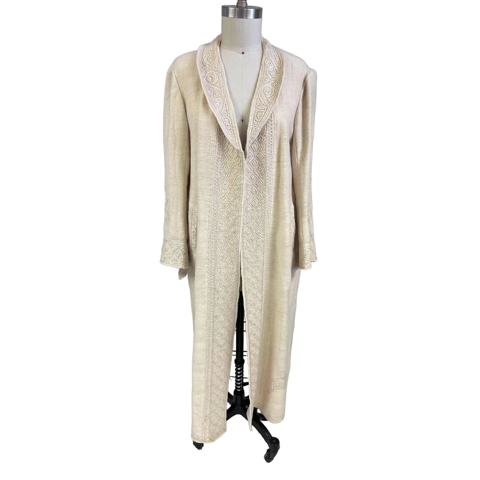 Antique Handwoven Wool Coat Edwardian Cream Embro… - image 11