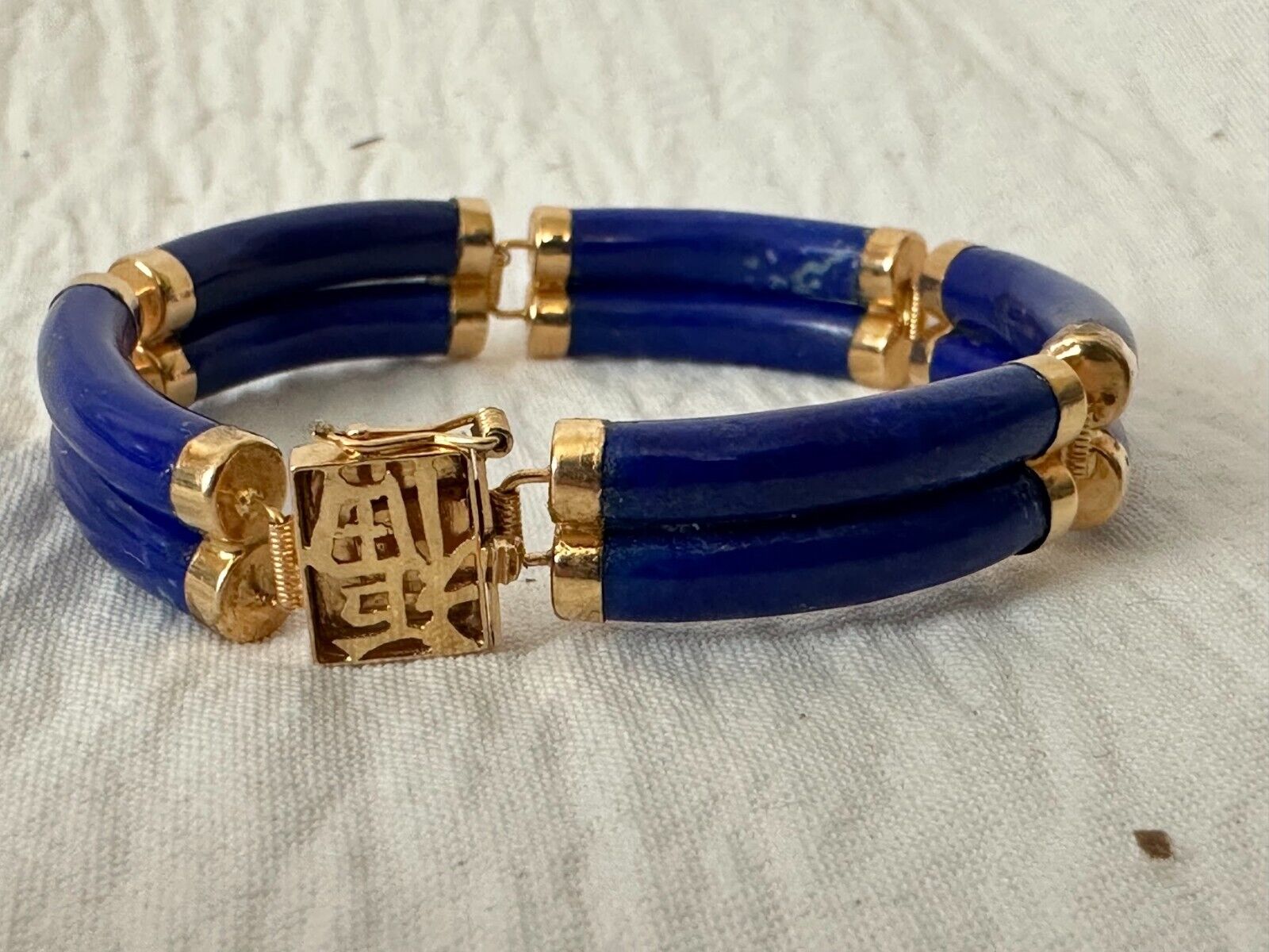 Vintage CHINESE 14K 585 Yellow GOLD & LAPIS Link … - image 9