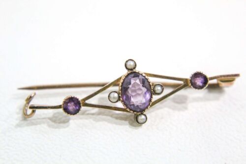 Antique Pin 9K Rose Gold Amethyst Seed Pearls - image 1