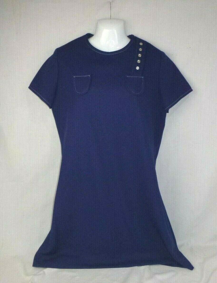 Vtg 70s Sears Poly Knit A Line Shift Dress Blue W… - image 1