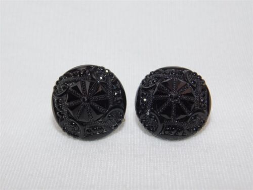 Antique Carved Black Glass French Jet Screw Back … - image 1