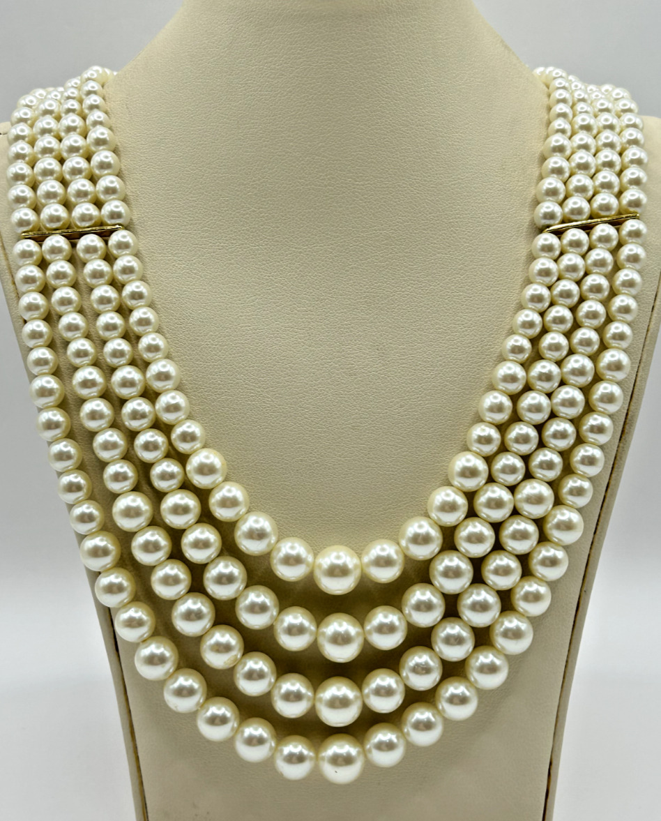 Vintage Four Strand Faux Pearl Statement Necklace - image 1